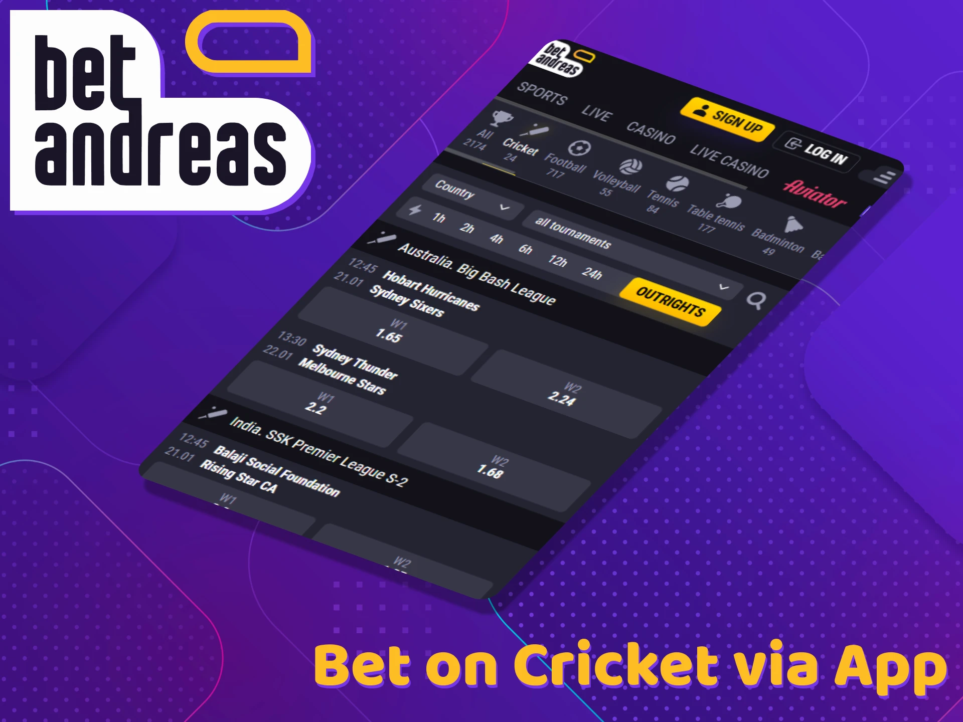 Place your bets on cricket on the BetAndreas app.