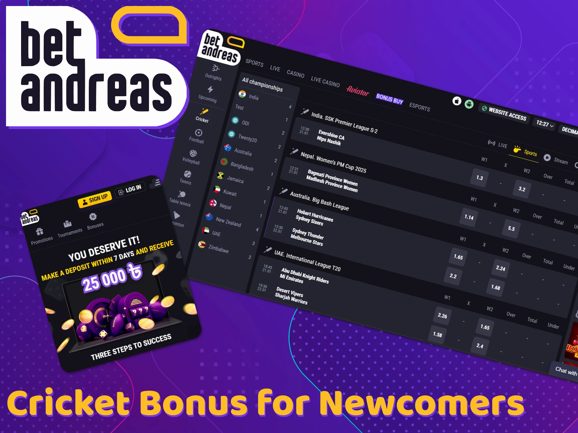 Get BetAndreas cricket bonus for newcomers.