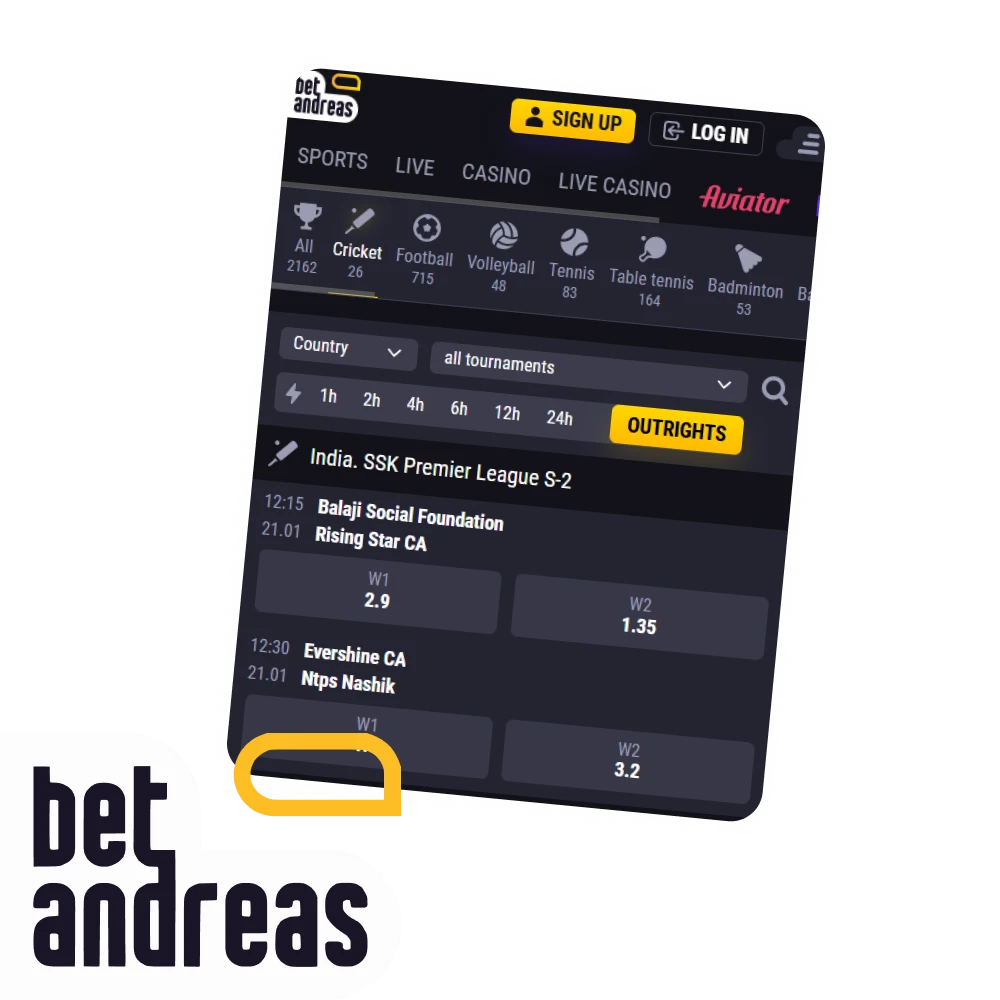 Make bets on cricket on the BetAndreas platform.