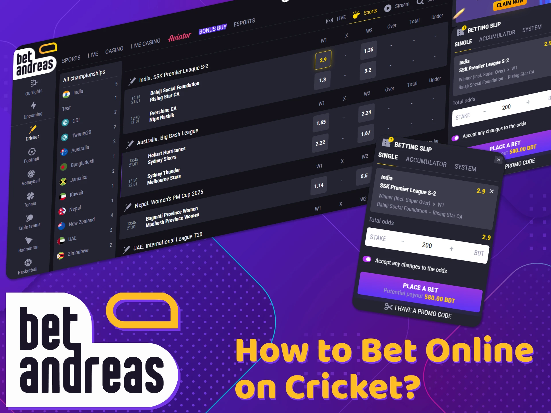 Check out how to bet online on cricket at BetAndreas.