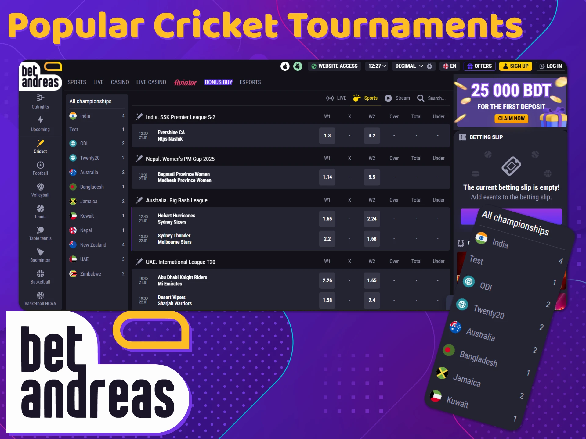 See all cricket tournaments at BetAndreas.