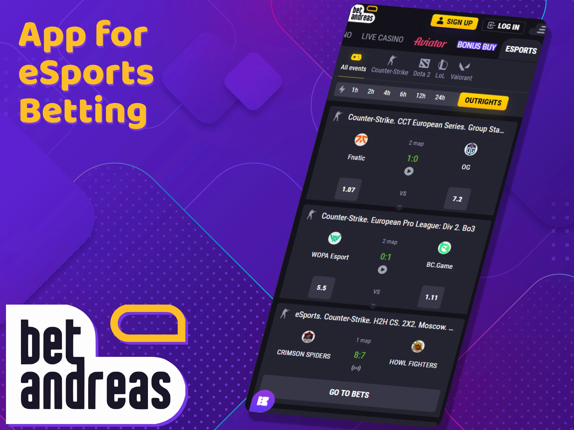 Use the BetAndreas app for eSports betting.