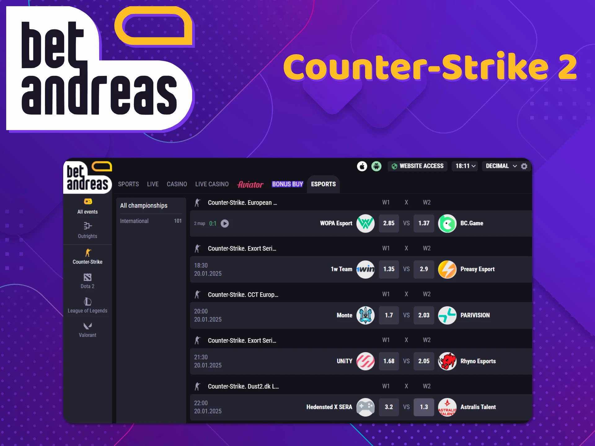 Bet on Counter Strike 2 on the BetAndreas platform.