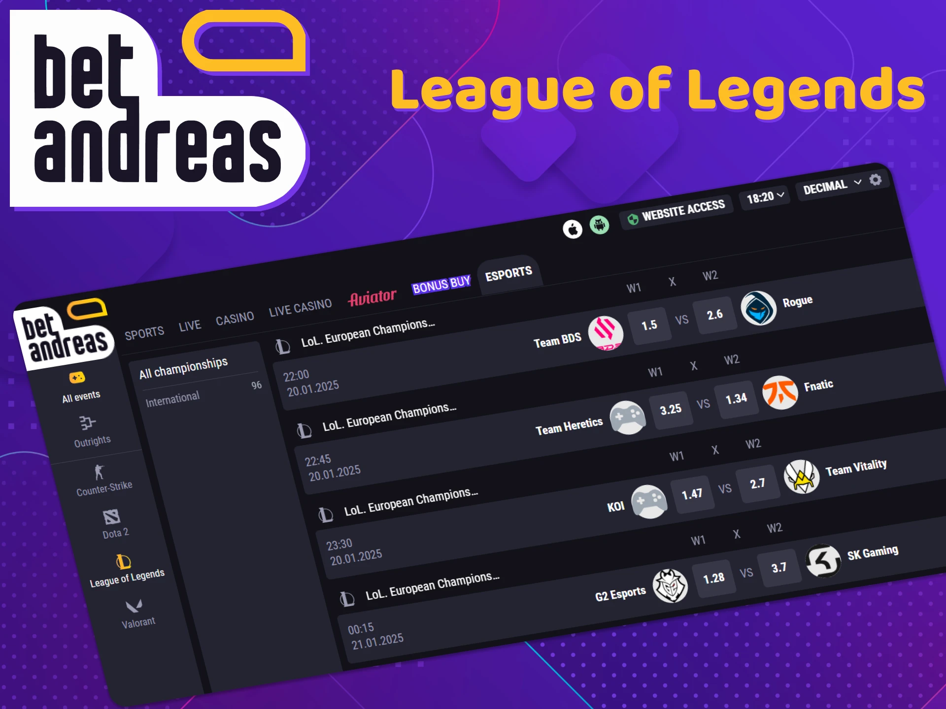 Place your bets on League of Legends at BetAndreas.