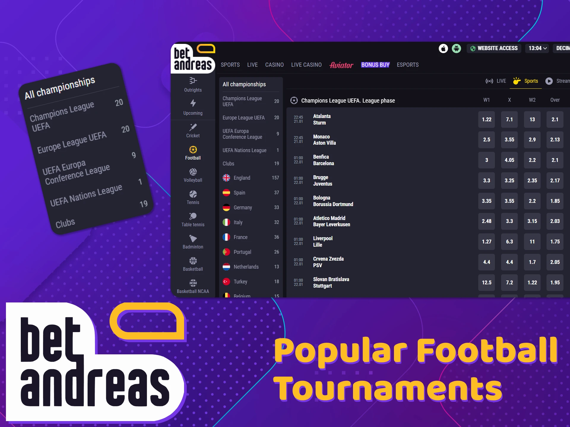 Check out the popular football tournaments for betting at BetAndreas.