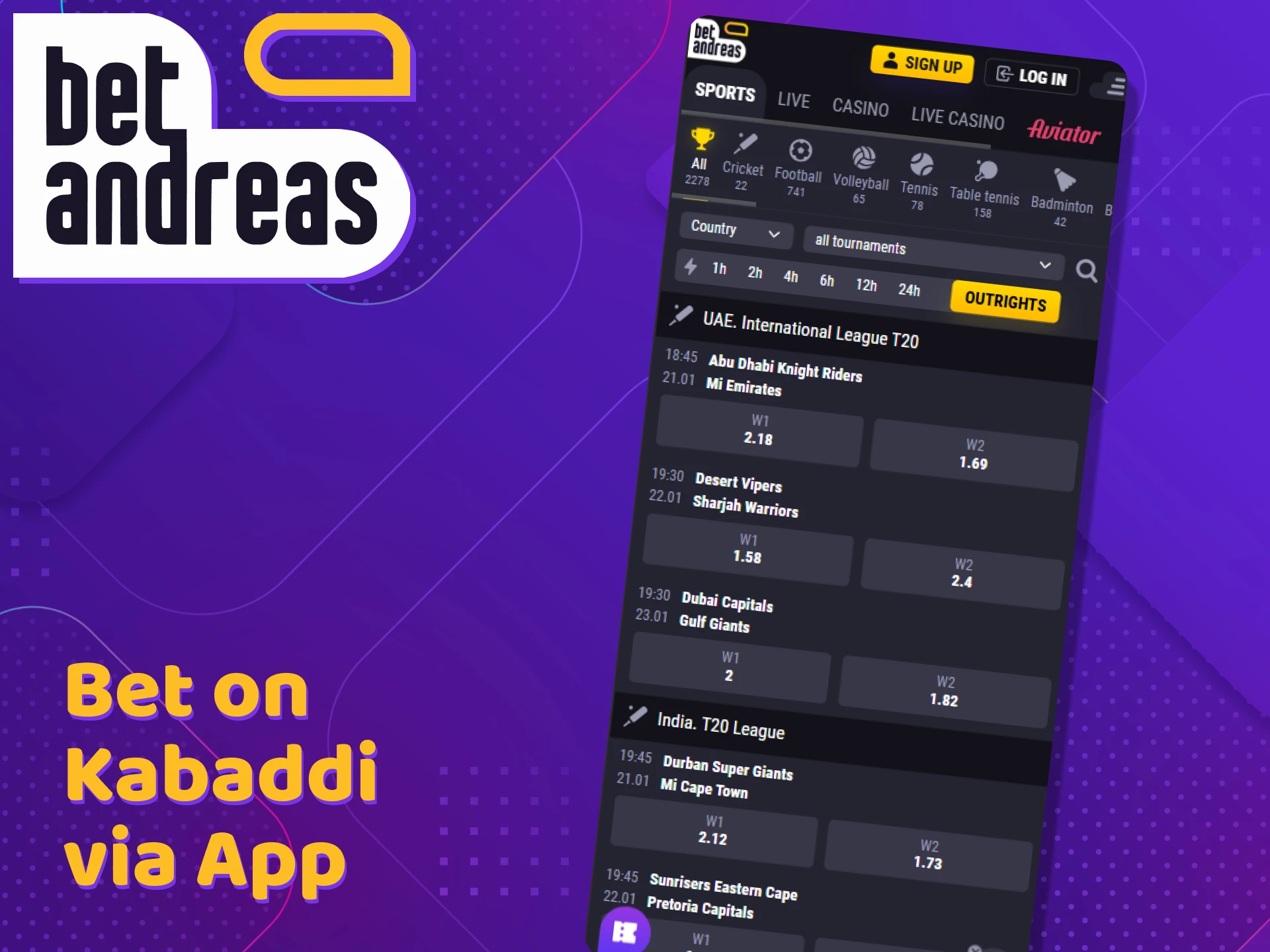 Make bets on kabaddi through the BetAndreas app.