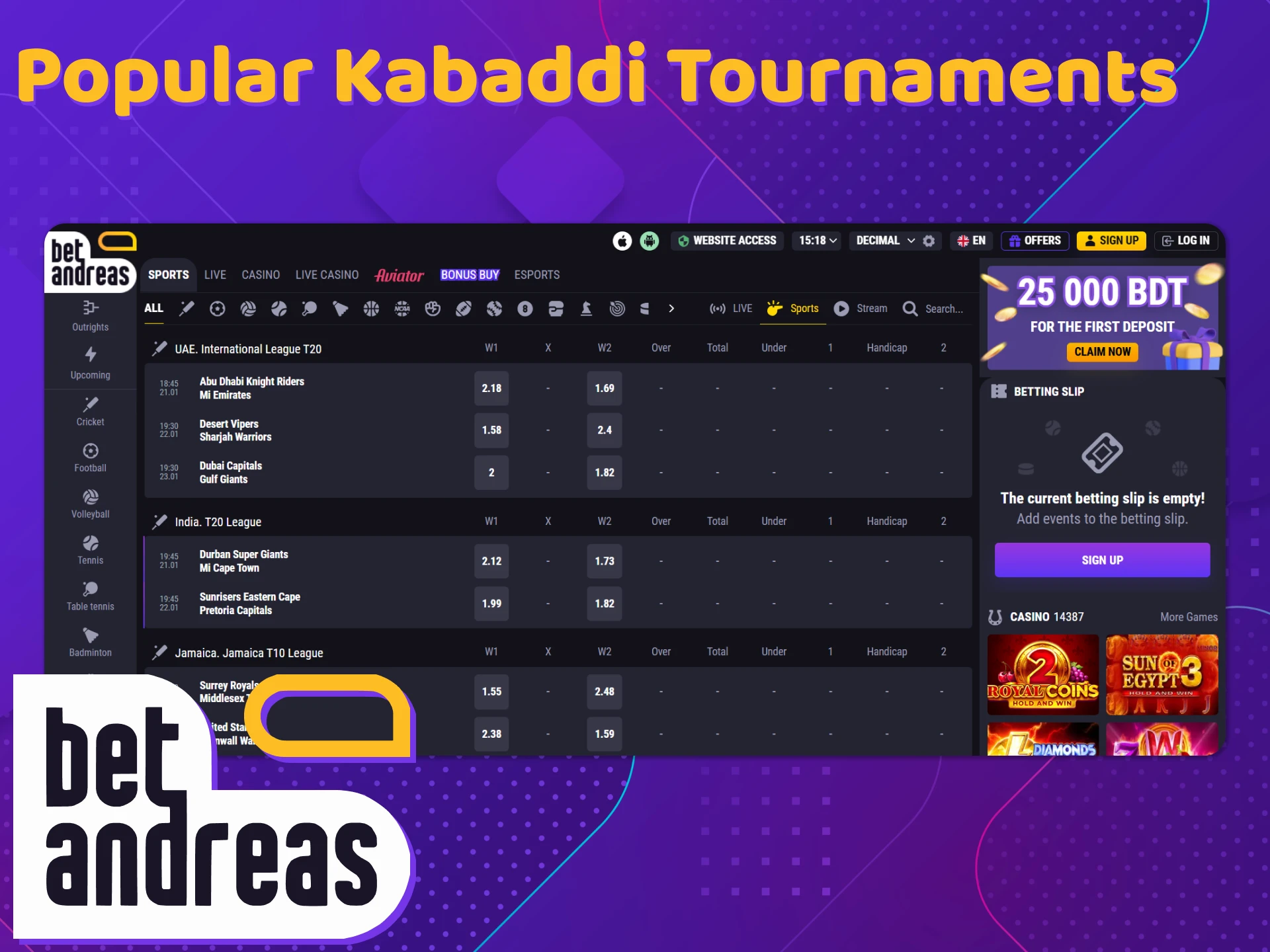 See all kabaddi tournaments available for betting at BetAndreas.