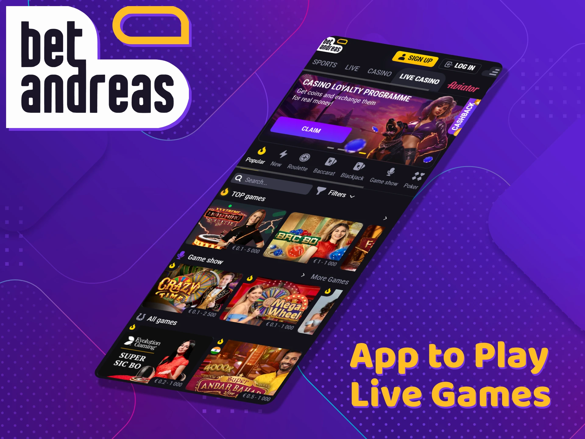 Download the BetAndreas app to play live casino games.