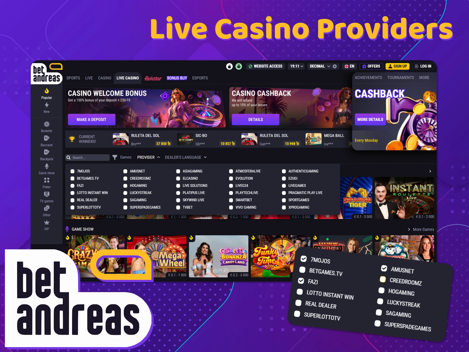 Check out the Live casino game providers at BetAndreas.