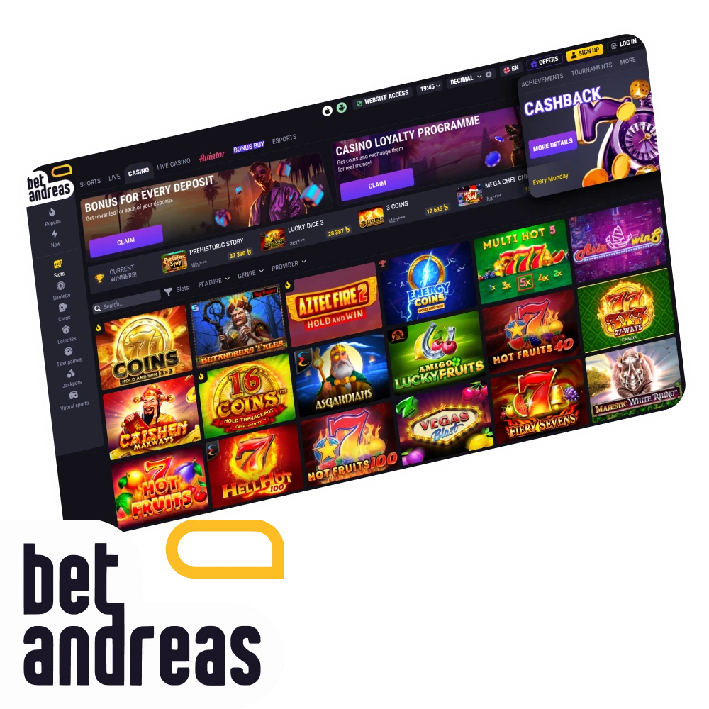 Play slot games on the BetAndreas platform.