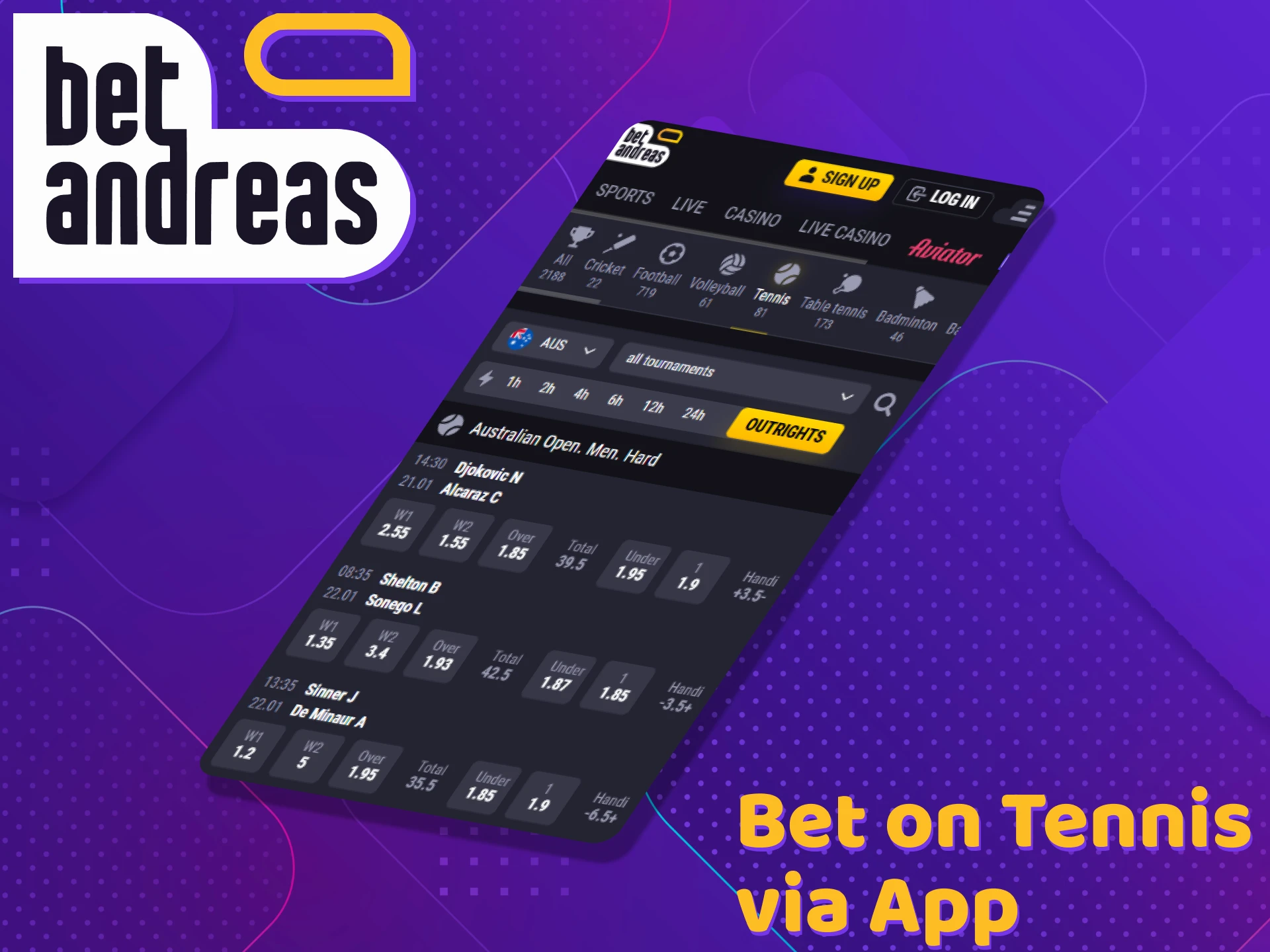 Bet on tennis matches in the BetAndreas app.