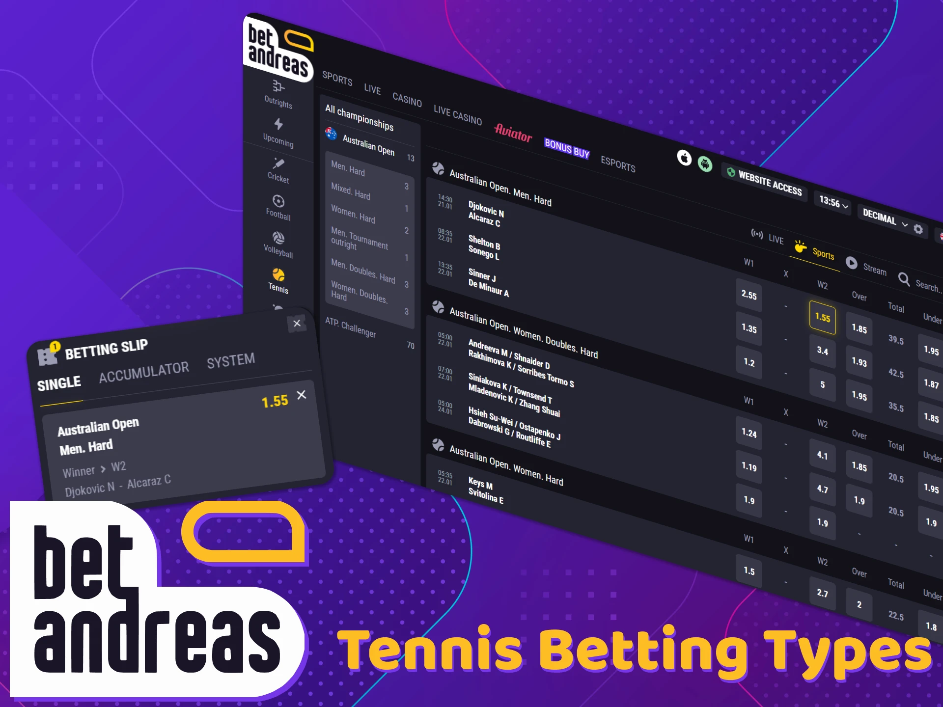 Check out the tennis betting types at BetAndreas.