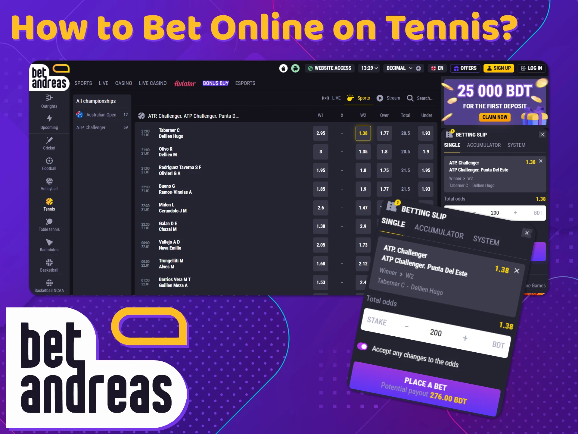 Learn how to bet online on tennis at BetAndreas.