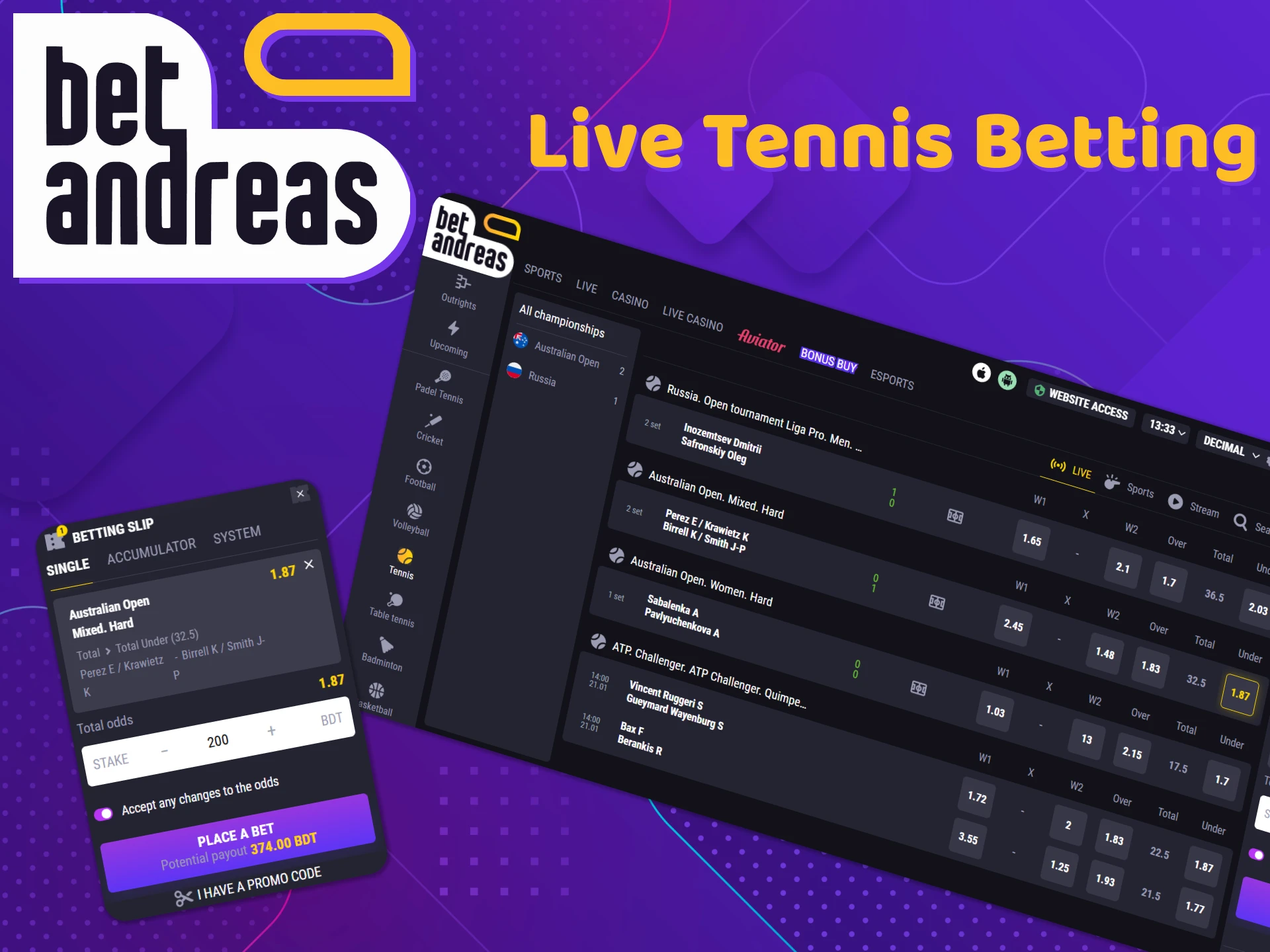 Make bets on tennis in real time at BetAndreas.