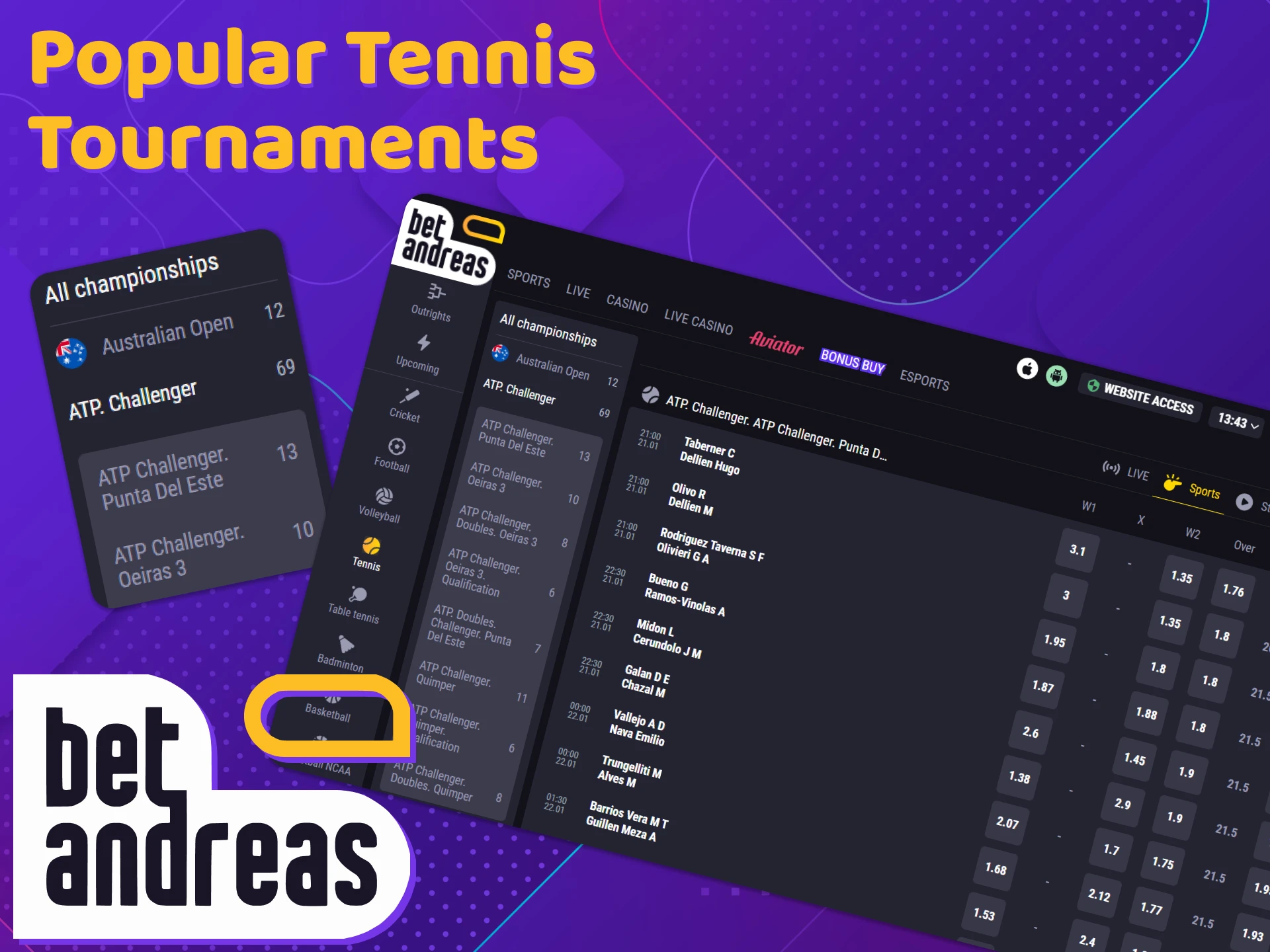 Check out the popular tennis tournaments at BetAndreas.