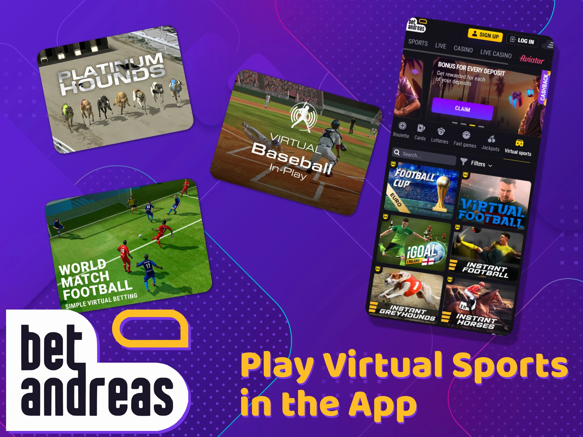 Download the BetAndreas app to play virtual sports games.